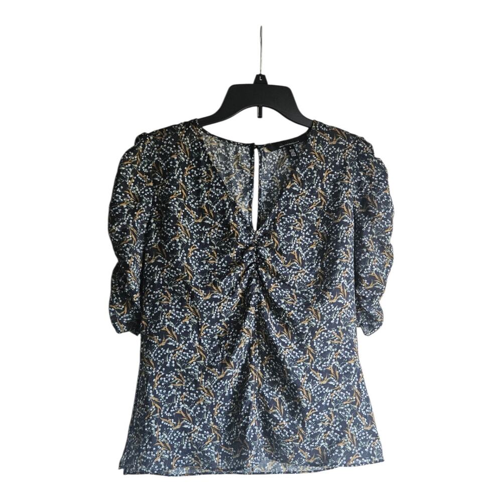 White House Black Market Womens SM Blouse V-Neck Floral 1/2 Sleeve Lightweight
